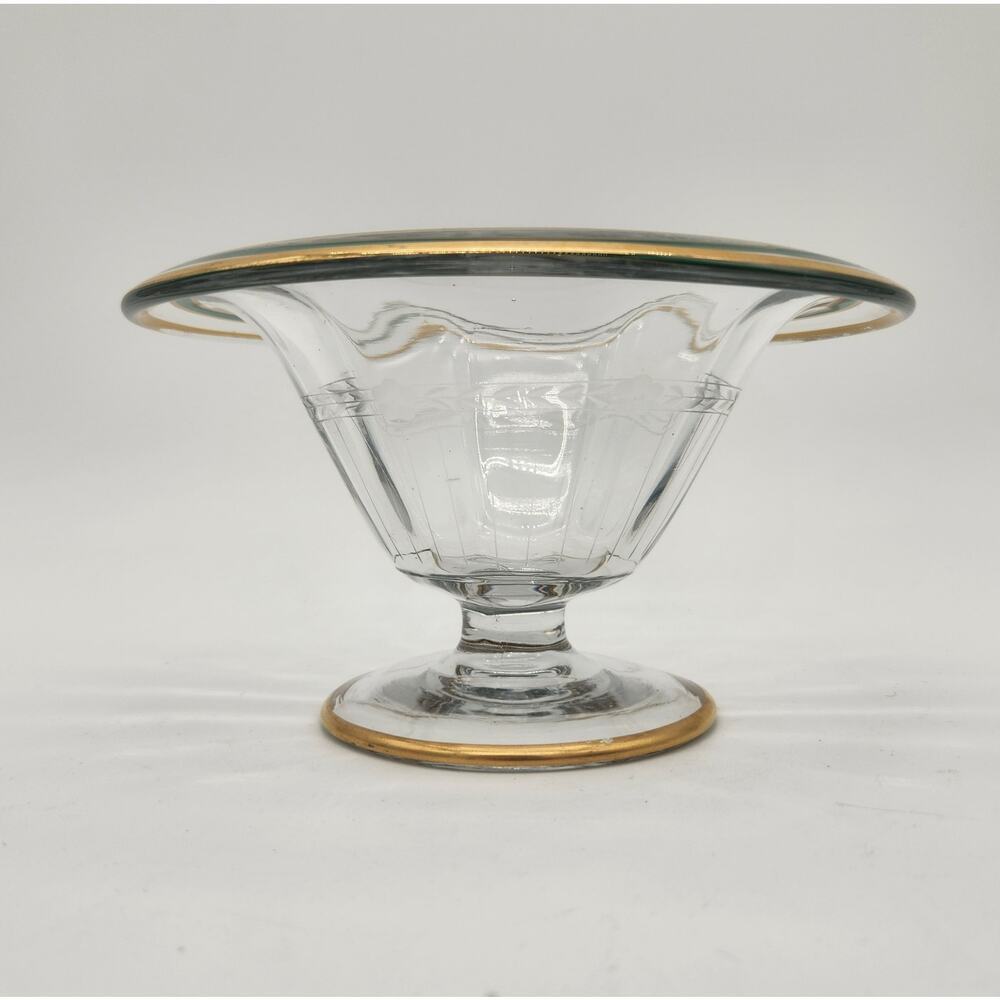 Glass‎ Pedestal Compote Bowl Gold & Green Edge Trim Flowers & Leaves Etched Band